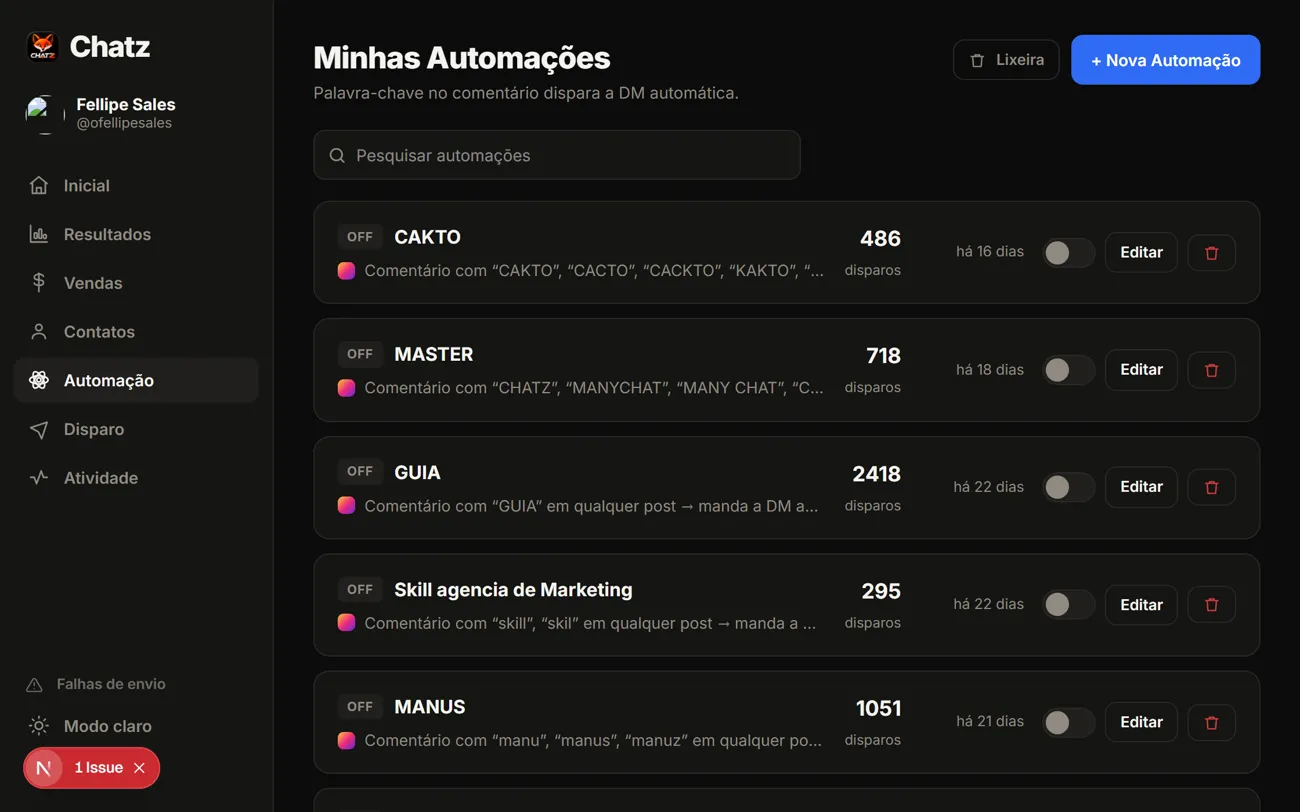 Tela de automação de mensagens do direct do Instagram